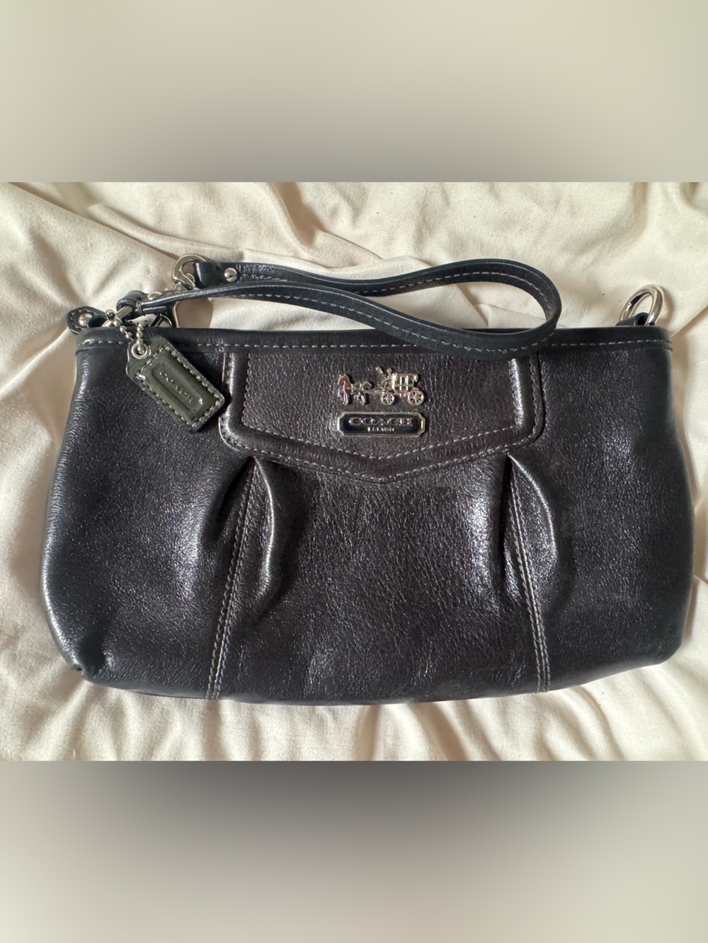 Coach Black Leather Pleated Wristlet Clutch Purple Lining